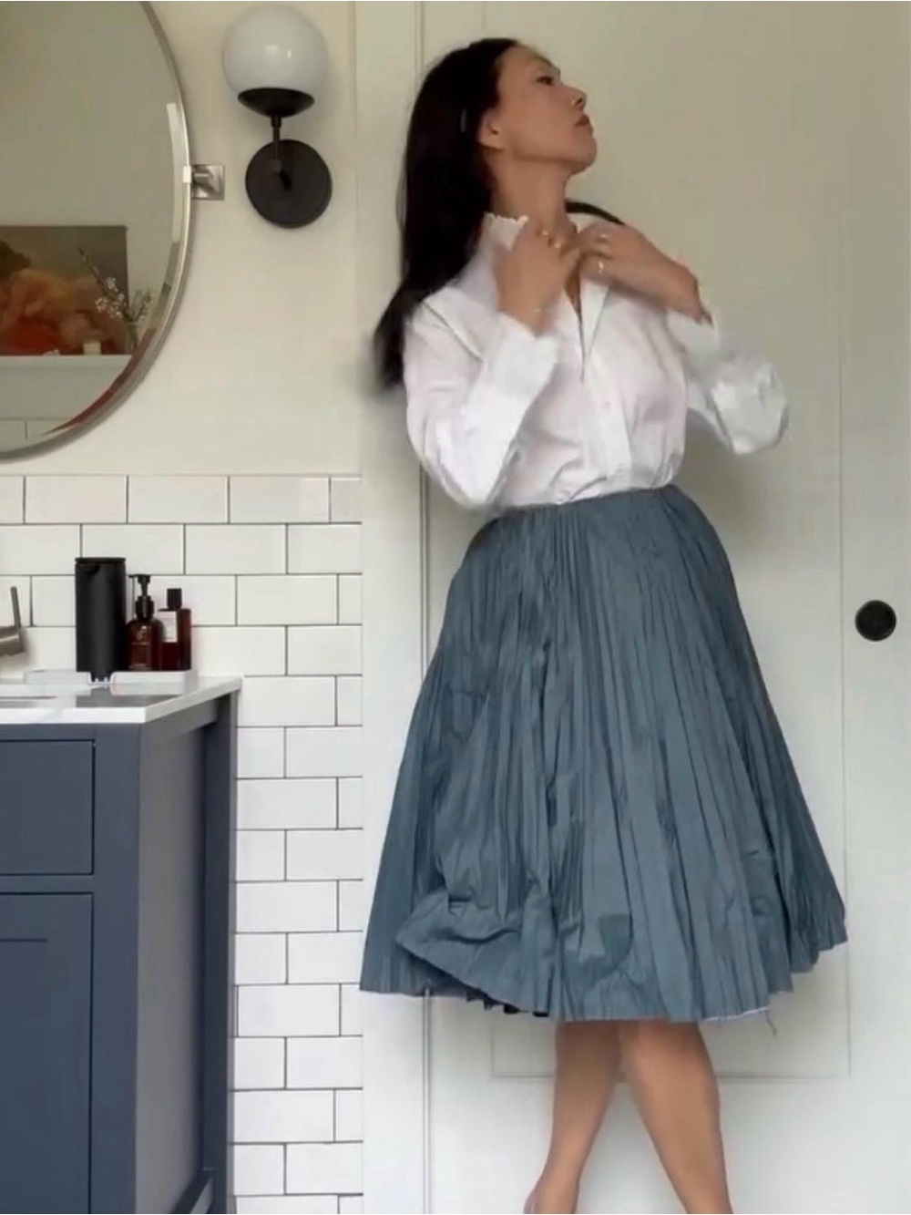 Pleated Midi A-Line Skirt in Slate Blue